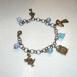 Nyúl, kulcs, óra,  gomba- kék, réz Alice in Wonderland karkötő -  - Meska.hu