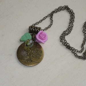 Életfa - réz nyaklánc zöld levéllel és rózsával - ékszer - nyaklánc - medálos nyaklánc - Meska.hu