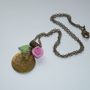 Életfa - réz nyaklánc zöld levéllel és rózsával, Ékszer, Nyaklánc, Medálos nyaklánc, Ékszerkészítés, Gyöngyfűzés, gyöngyhímzés, MESKA