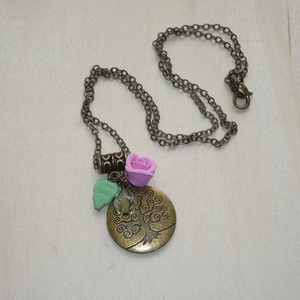 Életfa - réz nyaklánc zöld levéllel és rózsával - ékszer - nyaklánc - medálos nyaklánc - Meska.hu