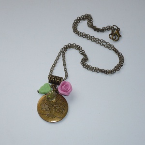 Életfa - réz nyaklánc zöld levéllel és rózsával - ékszer - nyaklánc - medálos nyaklánc - Meska.hu