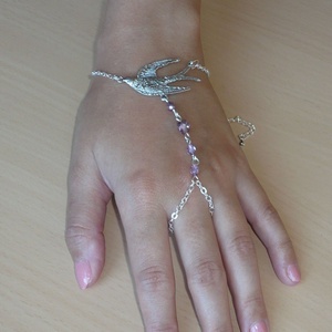 Galamb - rózsaszín, ezüst karkötő-gyűrű (kézfejkarkötő) -  - Meska.hu