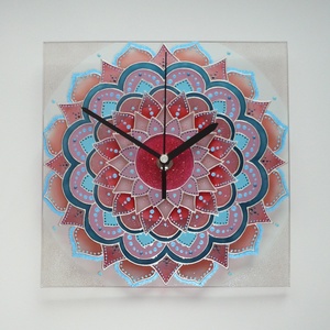 Pasztell korall-rózsaszín-teal Mandala - egyedi festett négyszögletes mandala üveg falióra, Otthon & Lakás, Dekoráció, Fali és függő dekoráció, Falióra & óra, Festett tárgyak, Üvegművészet, Meska
