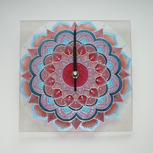 Pasztell korall-rózsaszín-teal Mandala - egyedi festett négyszögletes mandala üveg falióra - otthon & életmód - dekoráció - fali és függő dekoráció - falióra & óra - Meska.hu