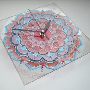 Pasztell korall-rózsaszín-teal Mandala - egyedi festett négyszögletes mandala üveg falióra - otthon & életmód - dekoráció - fali és függő dekoráció - falióra & óra - Meska.hu