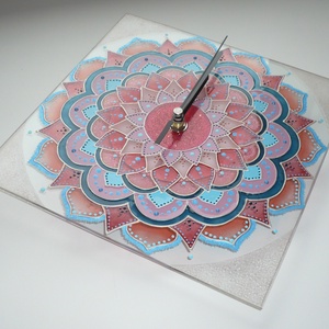 Pasztell korall-rózsaszín-teal Mandala - egyedi festett négyszögletes mandala üveg falióra - otthon & életmód - dekoráció - fali és függő dekoráció - falióra & óra - Meska.hu