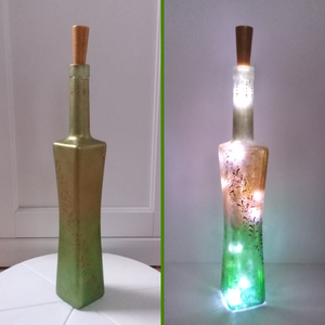 Zöldarany indamintás lámpás - egyedi festett üveg bottlelamp, Otthon & Lakás, Lámpa, Hangulatlámpa, Festett tárgyak, Üvegművészet, Meska