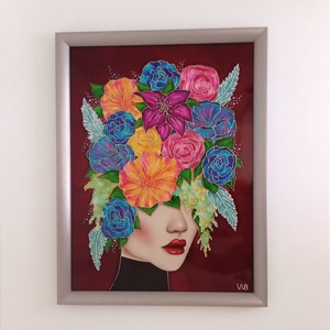 Virágba borulva - portré, üvegre festett falikép, festmény 30x40cm - művészet - festmény - üvegfestmény - Meska.hu
