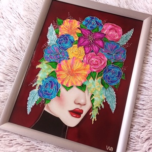 Virágba borulva - portré, üvegre festett falikép, festmény 30x40cm - művészet - festmény - üvegfestmény - Meska.hu