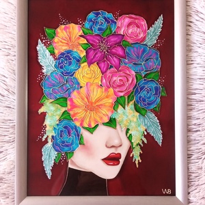 Virágba borulva - portré, üvegre festett falikép, festmény 30x40cm - művészet - festmény - üvegfestmény - Meska.hu
