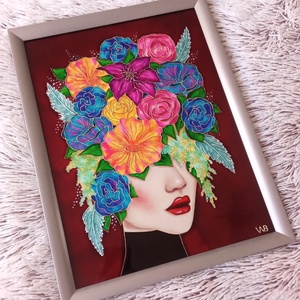 Virágba borulva - portré, üvegre festett falikép, festmény 30x40cm - művészet - festmény - üvegfestmény - Meska.hu