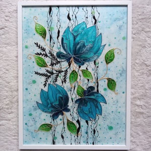 Virágos kékség - plexiüvegre festett falikép, festmény 30x40cm - művészet - festmény - üvegfestmény - Meska.hu