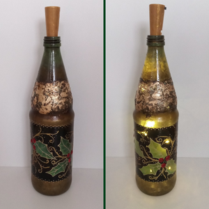 Karácsonyi zöld üveglámpás - egyedi festett üveg bottlelamp, Otthon & Életmód, Lámpa, Hangulatlámpa, Festett tárgyak, Üvegművészet, MESKA