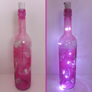 Üveglámpás pink szivekkel - egyedi festett üveg bottlelamp, Otthon & Lakás, Lámpa, Hangulatlámpa, Festett tárgyak, Üvegművészet, MESKA