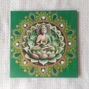 Buddha - zöldben, lótusszal - egyedi akril festmény, mandala falikép 30x30 cm - Meska.hu
