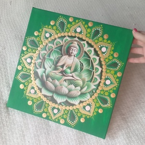 Buddha - zöldben, lótusszal - egyedi akril festmény, mandala falikép 30x30 cm - művészet - festmény - akril - Meska.hu