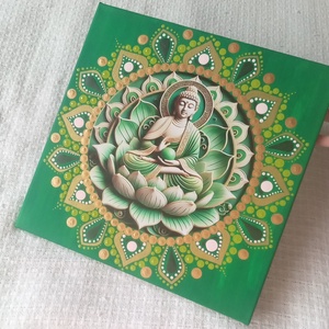 Buddha - zöldben, lótusszal - egyedi akril festmény, mandala falikép 30x30 cm - művészet - festmény - akril - Meska.hu