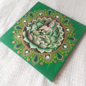 Buddha - zöldben, lótusszal - egyedi akril festmény, mandala falikép 30x30 cm - művészet - festmény - akril - Meska.hu