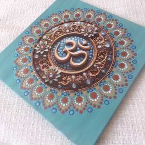 Kék virág arany Om-jellel - egyedi akril festmény, mandala falikép 30x30 cm - művészet - festmény - akril - Meska.hu