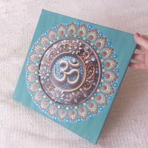 Kék virág arany Om-jellel - egyedi akril festmény, mandala falikép 30x30 cm - művészet - festmény - akril - Meska.hu