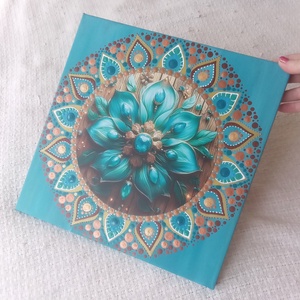 Türkiz lótusz - egyedi akril festmény, mandala falikép 30x30 cm - művészet - festmény - akril - Meska.hu