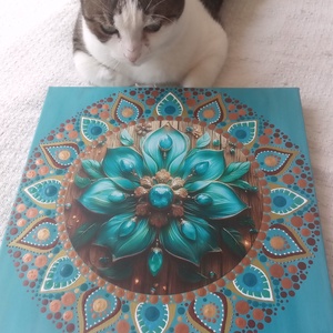 Türkiz lótusz - egyedi akril festmény, mandala falikép 30x30 cm, Művészet, Festmény, Akril, Festett tárgyak, Festészet, MESKA