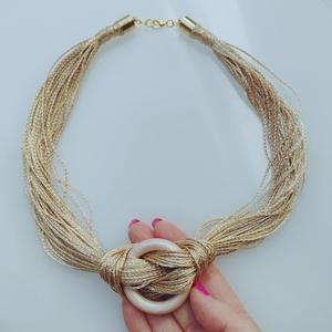 Golden Ring Boho � Sokszálas arany textilnyaklánc fa karikával  - ékszer - nyaklánc - statement nyaklánc - Meska.hu