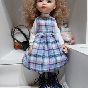 Paola Reina kék-fehér kockás kötényruha garbóval - játék & sport - baba & babaház - babaruha, babakellék - Meska.hu