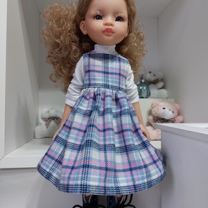 Paola Reina kék-fehér kockás kötényruha garbóval - játék & sport - baba & babaház - babaruha, babakellék - Meska.hu