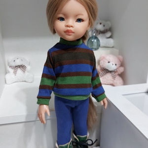 Paola Reina kék-zöld-barna csíkos hosszú ujjú pulcsis szett, Játék & Sport, Baba & babaház, Babaruha, babakellék, Varrás, MESKA