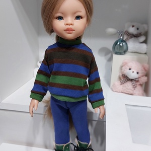 Paola Reina kék-zöld-barna csíkos hosszú ujjú pulcsis szett - játék & sport - baba & babaház - babaruha, babakellék - Meska.hu
