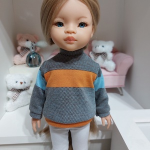 Paola Reina narancs-türkiz csíkos hosszú ujjú pulcsis szett, Játék & Sport, Baba & babaház, Babaruha, babakellék, Varrás, MESKA