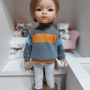 Paola Reina narancs-türkiz csíkos hosszú ujjú pulcsis szett - játék & sport - baba & babaház - babaruha, babakellék - Meska.hu