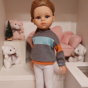 Paola Reina türkiz-narancs-barna csíkos pulcsis szett, Játék & Sport, Baba & babaház, Babaruha, babakellék, Varrás, MESKA