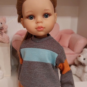 Paola Reina türkiz-narancs-barna csíkos pulcsis szett - játék & sport - baba & babaház - babaruha, babakellék - Meska.hu