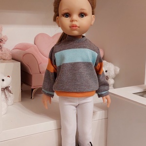 Paola Reina türkiz-narancs-barna csíkos pulcsis szett - játék & sport - baba & babaház - babaruha, babakellék - Meska.hu