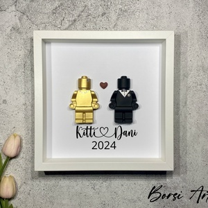 Jesmonite 'Esküvő' Lego figurás falikép, shadow box, egyedi, dekoratív fali kép, felirattal,évszámmal, nászajándék - esküvő - emlék & ajándék - köszönőajándék - Meska.hu