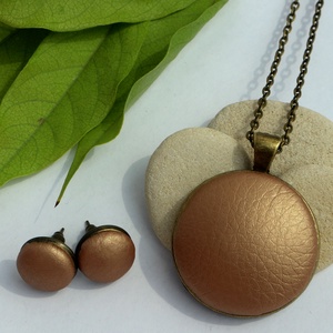 Metál arany - bronz textilbőr fülbevaló és nyaklánc szett - ékszer - ékszerszett - Meska.hu