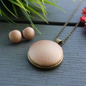 Metál arany - bronz textilbőr fülbevaló és nyaklánc szett - ékszer - ékszerszett - Meska.hu