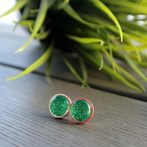 Csillogó sötét zöld - rosegold nemesacél fülbevaló - ékszer - fülbevaló - pötty fülbevaló - Meska.hu