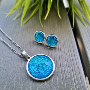 Csillogó türkiz - ezüst nemesacél medálos nyaklánc és fülbevaló szett - ékszer - nyaklánc - medálos nyaklánc - Meska.hu