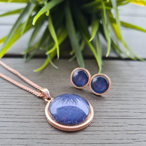 Metál tengerészkék - rosegold nemesacél medálos nyaklánc és fülbevaló szett - Meska.hu