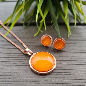 Metál narancs - rosegold nemesacél medálos nyaklánc és fülbevaló szett - Meska.hu