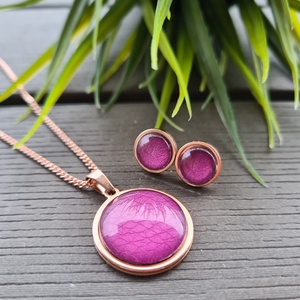 Metál fukszia - rosegold nemesacél medálos nyaklánc és fülbevaló szett, Ékszer, Ékszerszett, Ékszerkészítés, MESKA