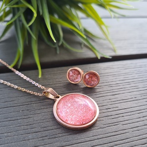Csillogó rózsaszín - rosegold nemesacél medálos nyaklánc és fülbevaló szett, Ékszer, Ékszerszett, Ékszerkészítés, Meska