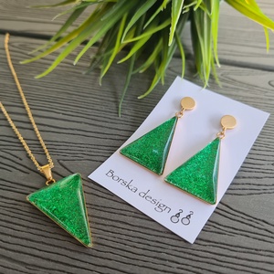 Csillogó zöld - arany nemesacél statement háromszög fülbevaló és nyaklánc szett, Ékszer, Ékszerszett, Ékszerkészítés, MESKA