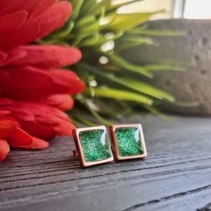 Csillogó zöld - rosegold nemesacél négyzet fülbevaló - ékszer - fülbevaló - pötty fülbevaló - Meska.hu