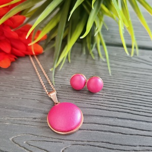 Metál pink - rosegold nemesacél medálos nyaklánc és fülbevaló szett - Meska.hu
