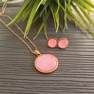 Csillogó pink - rosegold nemesacél medálos nyaklánc és fülbevaló szett, Ékszer, Ékszerszett, Ékszerkészítés, MESKA