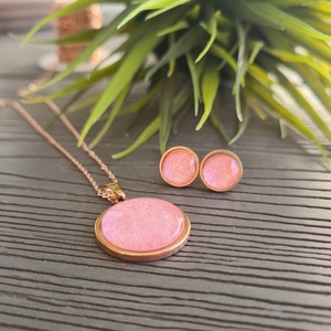 Csillogó pink - rosegold nemesacél medálos nyaklánc és fülbevaló szett - ékszer - ékszerszett - Meska.hu